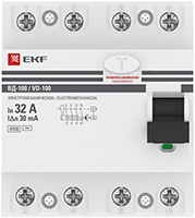 выключатель дифференциальный (УЗО) ВД-100 4Р 32А 30мА EKF - внешний вид