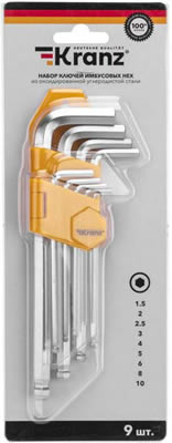 набор ключей имбусовых HEX 1,5 - 10 мм Kranz KR-12-5211 с шаром - упаковка
