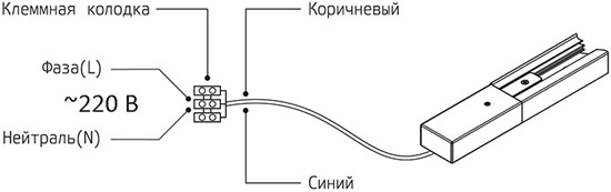 шинопровод накладной 1-фазный 2-проводной Gauss - схема подключения