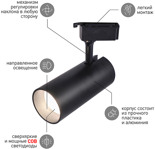 1-фазный трековый led светильник TR5-30 COB BK "Эра" - преимущества