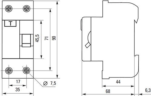 выключатель дифференциальный (УЗО) электронный ВДТ-40 2Р EKF Basic - размеры