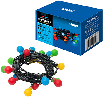 led гирлянда Uniel ULD-S0280-020/DGA Multi IP20 Colorballs - внешний вид + упаковка