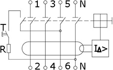 выключатель дифференциального тока (УЗО) DM63 4-полюсный - схема электрическая