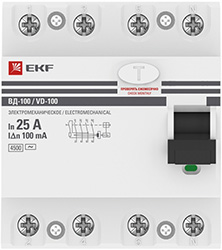 выключатель дифференциальный (УЗО) ВД-100 4Р 25А/100мА EKF - внешний вид