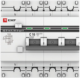 дифавтомат АД-32 3P+N 16А/30мА тип АС 6кА EKF - внешний вид