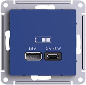 розетка USB тип А (1,5А) + тип C (3А, 45Вт) Systeme Electric AtlasDesign, аквамарин - внешний вид