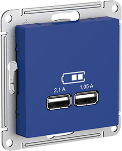 розетка 2 х USB 2.0 Systeme Electric AtlasDesign (5В/2,1А, 2х5В/1,05А), аквамарин - внешний вид
