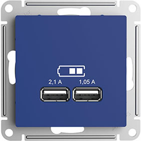 розетка 2 х USB 2.0 Systeme Electric AtlasDesign (5В/2,1А, 2х5В/1,05А), аквамарин - внешний вид