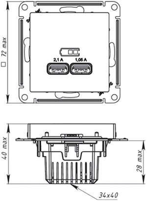 розетка 2 х USB 2.0 Systeme Electric AtlasDesign (5В/2,1А, 2х5В/1,05А), аквамарин - размеры