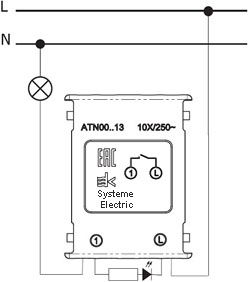 выключатель 1-клавишный Systeme Electric AtlasDesign с подсветкой - схема подключения