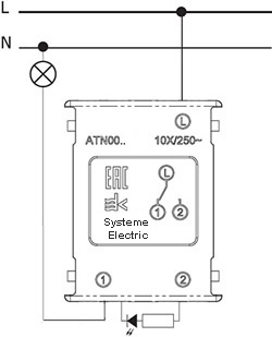 переключатель 1-клавишный Systeme Electric AtlasDesign, с подсветкой - схема подключения
