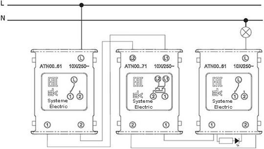 переключатель 1-клавишный перекрестный Systeme Electric AtlasDesign - пример подключения