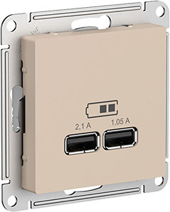 розетка 2 х USB 2.0 Systeme Electric AtlasDesign (5В/2,1А, 2х5В/1,05А), песочный - внешний вид