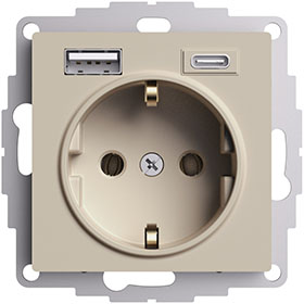 розетка 1-местная Systeme Electric AtlasDesign (16 А, USB тип А + USB тип C), з/к, шторки, песочный - внешний вид