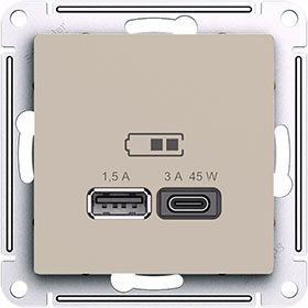 розетка USB тип А (1,5А) + тип C (3А, 45Вт) Systeme Electric AtlasDesign, песочный - внешний вид
