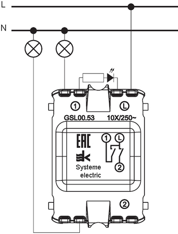 выключатель 2-клавишный с подсветкой Systeme Electric Glossa - схема подключения
