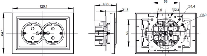 розетка 2-местная с з/к IEK Brite с рамкой - размеры