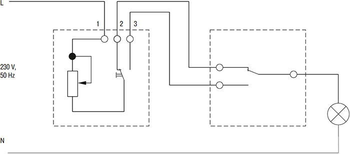 светорегулятор поворотно-нажимной IEK Brite - схема подключения совместно с проходным выключателем