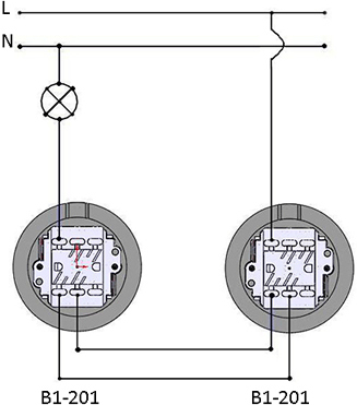 выключатель проходной на 1 положение Bironi В1-201 - схема подключения 2 выключателей