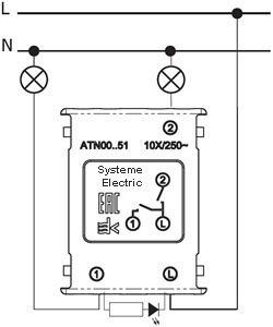 выключатель 2-клавишный Systeme Electric AtlasDesign, с подсветкой - схема подключения