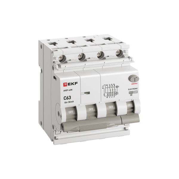 купить Дифавтомат 4Р 63А C тип AC 30мА 6кА 4мод АВДТ-63N EKF PROxima в Кирове Дифавтомат 4Р 63А C тип AC 30мА 6кА 4мод АВДТ-63N EKF PROxima