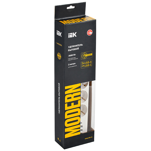 Удлинитель 5-мест 2м ПВС 3*1 белый 4*USB IEK  MODERN