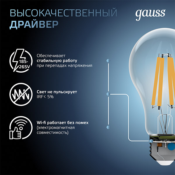 купить Лампа светодиодная 220В Е27 15Вт 4100К 1450лм стандарт A60 прозрачная филамент Gauss  в Кирове Лампа светодиодная 220В Е27 15Вт 4100К 1450лм стандарт A60 прозрачная филамент Gauss