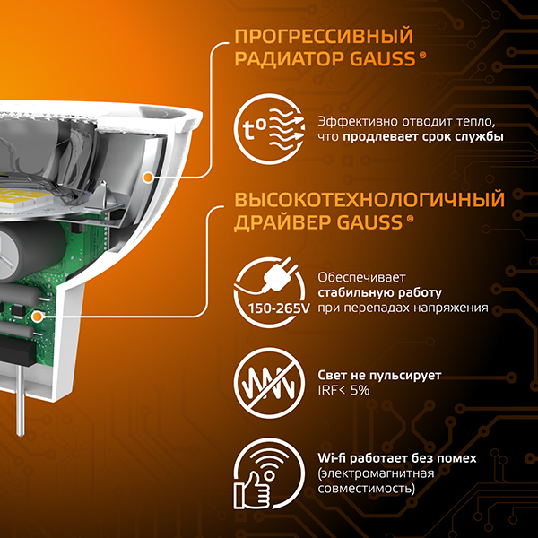 купить Лампа свд 220В GU5.3 9Вт 3000К 830лм MR16 прозрачная Gauss  в Кирове Лампа свд 220В GU5.3 9Вт 3000К 830лм MR16 прозрачная Gauss