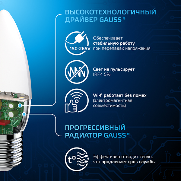 купить Лампа свеча свд Е27 9,5Вт 6500К 950лм С35 матовая Gauss  в Кирове Лампа свеча свд Е27 9,5Вт 6500К 950лм С35 матовая Gauss