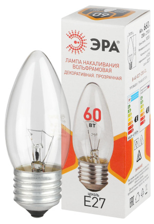 купить Лампа свеча накал Е27 60Вт 660лм прозрачная ЭРА в Кирове Лампа свеча накал Е27 60Вт 660лм прозрачная ЭРА