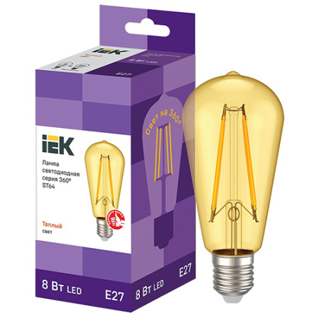 Лампа светодиодная 220В Е27 8Вт 2700К 550лм стандарт ST64 золотистая филамент IEK 
