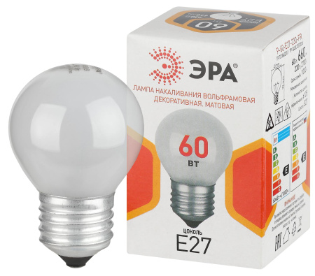 купить Лампа шар накал Е27 60Вт 660лм G45 матовый ЭРА  в Кирове Лампа шар накал Е27 60Вт 660лм G45 матовый ЭРА