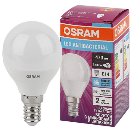 Лампа шар свд Е14 4,9Вт 6500К 470лм P45 матовый Osram