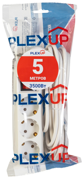 Удлинитель 3-мест 5м ПВС 3*1 белый выкл PlexUp  