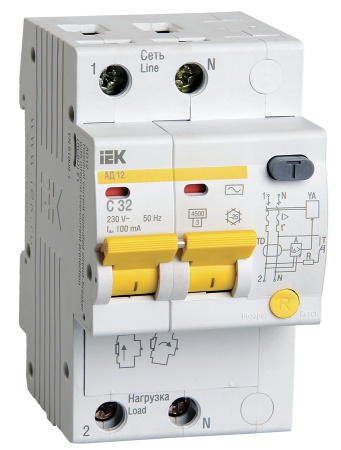 Дифавтомат 2Р 32А C 100мА 4,5кА АД12 3,5мод IEK