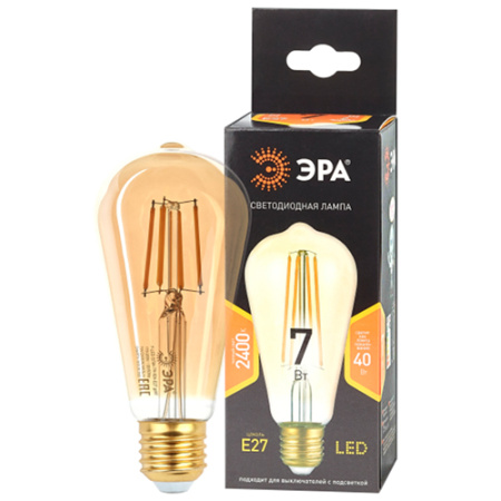 Лампа светодиодная 220В Е27 7Вт 2400К 910лм стандарт ST64 золотистая филамент ЭРА 