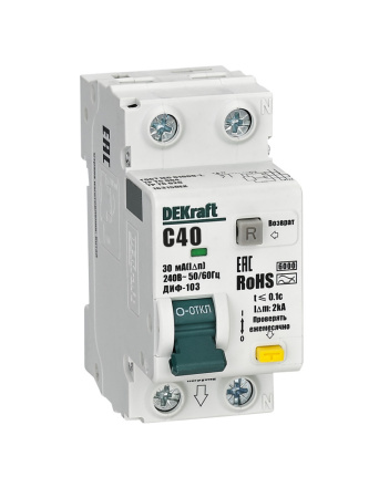 Дифавтомат 2Р 40А C тип AC 30мА 6кА 2мод ДИФ-103 DEKraft