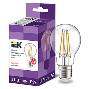купить Лампа светодиодная 220В Е27 11Вт 3000К 1320лм стандарт A60 прозрачная филамент IEK  в Кирове Лампа светодиодная 220В Е27 11Вт 3000К 1320лм стандарт A60 прозрачная филамент IEK